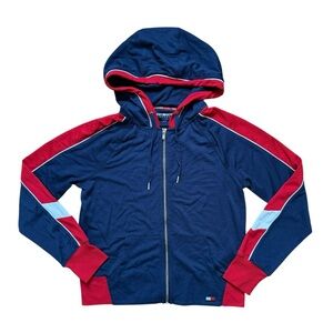 Tommy Hilfiger Sport Full Zip Up Hoodie Jacket Women’s Size Small Navy Blue Red